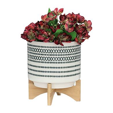 11.5"h 10" Diameter Blue X's And O's Dots Blue And Ivory Ceramic Planter On Brown Rubberwood Stand