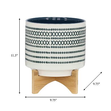 11.5"h 10" Diameter Blue X's And O's Dots Blue And Ivory Ceramic Planter On Brown Rubberwood Stand