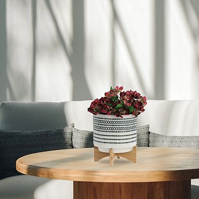 11.5"h 10" Diameter Blue X's And O's Dots Blue And Ivory Ceramic Planter On Brown Rubberwood Stand
