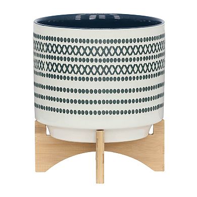 11.5"h 10" Diameter Blue X's And O's Dots Blue And Ivory Ceramic Planter On Brown Rubberwood Stand