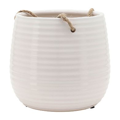 6.5"h 7" Diameter White Ceramic Hanging Planter With Rope For Living Room, Bedroom, Kitchen Patio