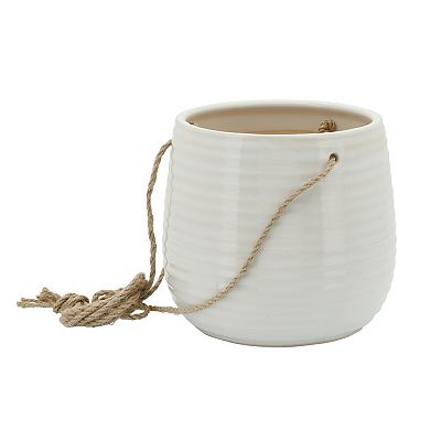 6.5"h 7" Diameter White Ceramic Hanging Planter With Rope For Living Room, Bedroom, Kitchen Patio