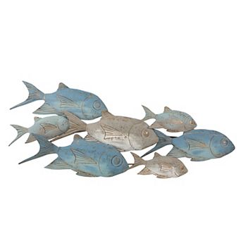 42"lx17"h, Metal School Of Fish Wall Decor, Blue, Iron, Coastal Home Accent Piece For Living Room