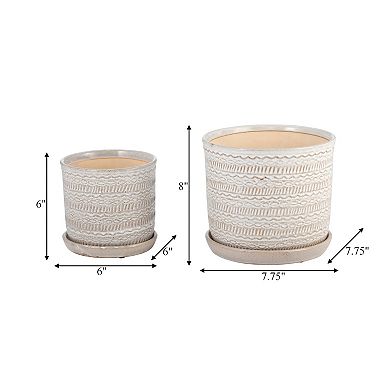 Set Of Two 6/8"h Ivory And Beige Geometric Pattern Ceramic Planters With Saucers