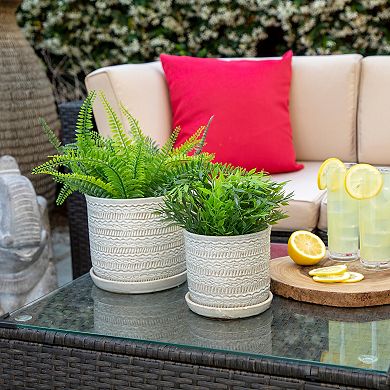 Set Of Two 6/8"h Ivory And Beige Geometric Pattern Ceramic Planters With Saucers