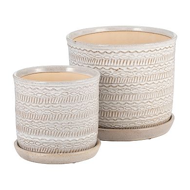 Set Of Two 6/8"h Ivory And Beige Geometric Pattern Ceramic Planters With Saucers