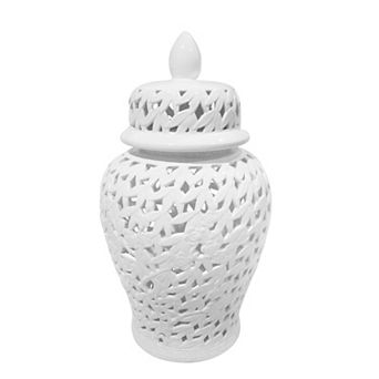 24" White Temple Jar - Ceramic Pierced Cut-out Classic Contemporary Decorative Jar Accent
