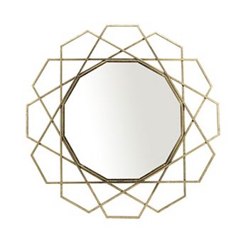 35" Mounted Round Metal Wall Mirror - Contemporary Gold Geometric Hanging Mirror For Bedroom