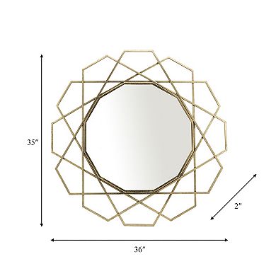 35" Mounted Round Metal Wall Mirror - Contemporary Gold Geometric Hanging Mirror For Bedroom