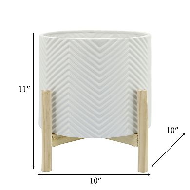 Sagebrook Home Neutral Textured Chevron Ceramic Planter With Contemporary Design Wooden Stand