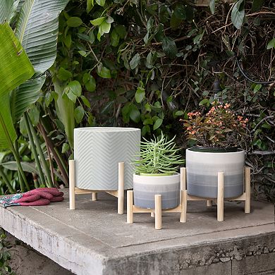 Sagebrook Home Neutral Textured Chevron Ceramic Planter With Contemporary Design Wooden Stand