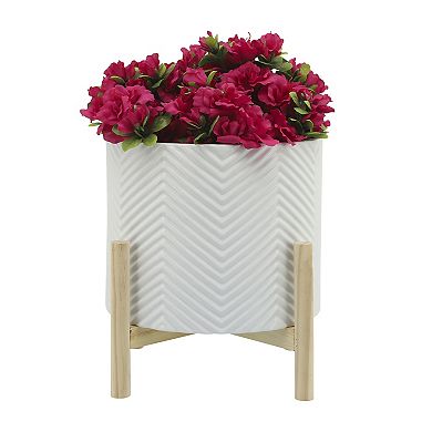Sagebrook Home Neutral Textured Chevron Ceramic Planter With Contemporary Design Wooden Stand