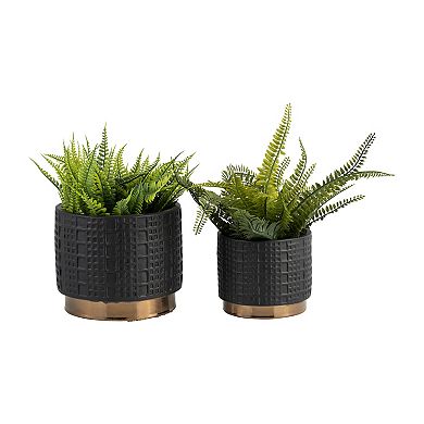Set Of Two 5/7"h Watertight Black Raised Mesh Patterned Planter With Gold Finish Base