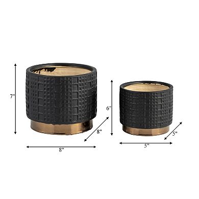 Set Of Two 5/7"h Watertight Black Raised Mesh Patterned Planter With Gold Finish Base
