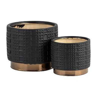 Set Of Two 5/7"h Watertight Black Raised Mesh Patterned Planter With Gold Finish Base