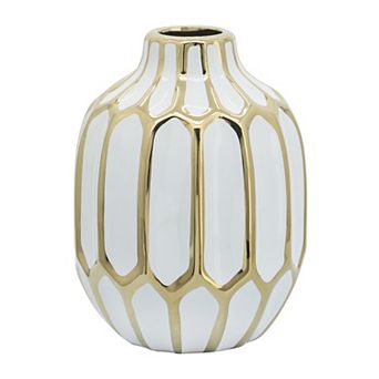 Small Decorative Ceramic Bud Vase For Table And Shelf Decor, White And Gold, 6 L X 6 W X 8 H Inches