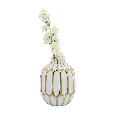 Small Decorative Ceramic Bud Vase For Table And Shelf Decor, White And Gold, 6 L X 6 W X 8 H Inches