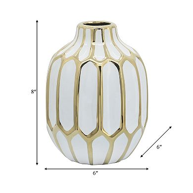 Small Decorative Ceramic Bud Vase For Table And Shelf Decor, White And Gold, 6 L X 6 W X 8 H Inches
