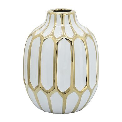 Small Decorative Ceramic Bud Vase For Table And Shelf Decor, White And Gold, 6 L X 6 W X 8 H Inches