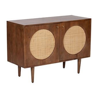 28"h Wood 2-door Sideboard In Brown Finish With Mango Wood, Mdf And Cane Construction