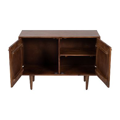 28"h Wood 2-door Sideboard In Brown Finish With Mango Wood, Mdf And Cane Construction