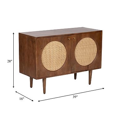 28"h Wood 2-door Sideboard In Brown Finish With Mango Wood, Mdf And Cane Construction