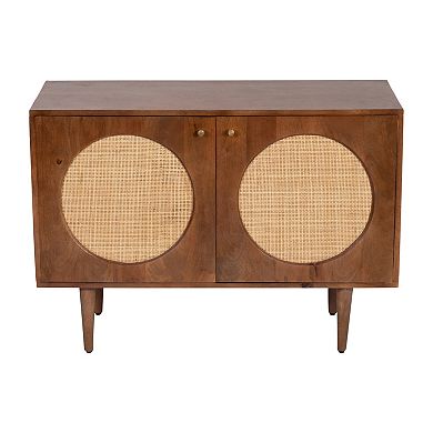 28"h Wood 2-door Sideboard In Brown Finish With Mango Wood, Mdf And Cane Construction