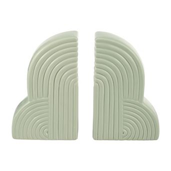 Set Of 2 Arch Bookends - 13" X 10" Decorative Ceramic Book Holders In Cucumber Green