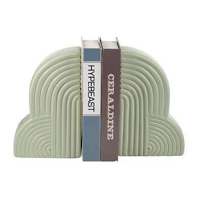 Set Of 2 Arch Bookends - 13" X 10" Decorative Ceramic Book Holders In Cucumber Green