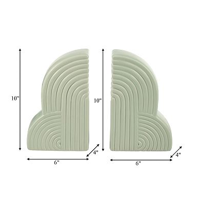 Set Of 2 Arch Bookends - 13" X 10" Decorative Ceramic Book Holders In Cucumber Green