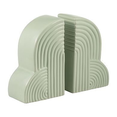 Set Of 2 Arch Bookends - 13" X 10" Decorative Ceramic Book Holders In Cucumber Green