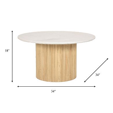 Wood/marble 18"h Reeded Coffee Table In Natural/white With Mdf/marble Construction For Stylish