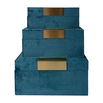 Set Of 3 Decorative Storage Boxes - Teal Green And Gold Velvet Wooden Boxes For Photos, Jewelry
