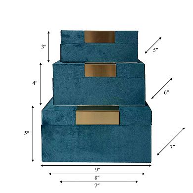 Set Of 3 Decorative Storage Boxes - Teal Green And Gold Velvet Wooden ...
