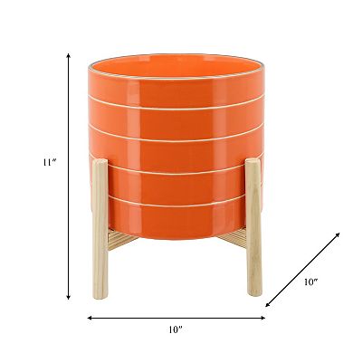 10" Planter On Stand - Ceramic Planter On Wooden Base - Contemporary Orange And White Striped Design