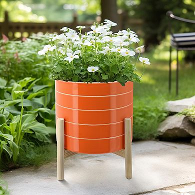 10" Planter On Stand - Ceramic Planter On Wooden Base - Contemporary Orange And White Striped Design