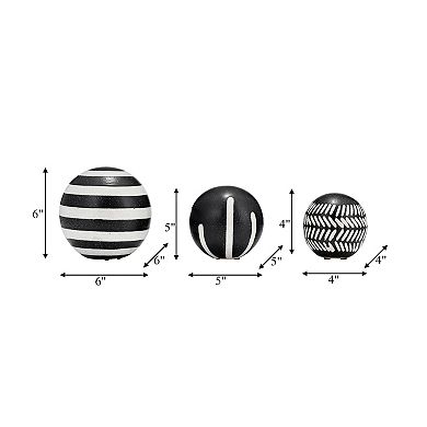 Set Of 3 Decorative Orbs - Contemporary Black And White Geometric Design Round