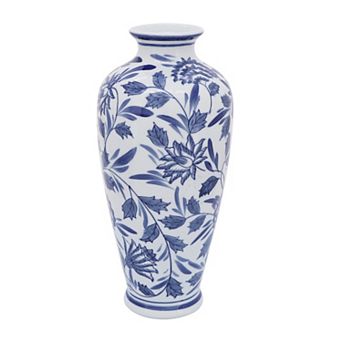 13" Ceramic Vase - Contemporary Blue White Chinoiserie Design Floral Vase Decorative Table Accent
