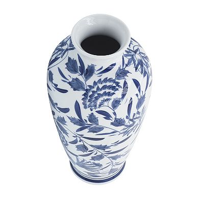 13" Ceramic Vase - Contemporary Blue White Chinoiserie Design Floral Vase Decorative Table Accent