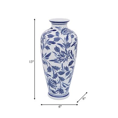 13" Ceramic Vase - Contemporary Blue White Chinoiserie Design Floral Vase Decorative Table Accent