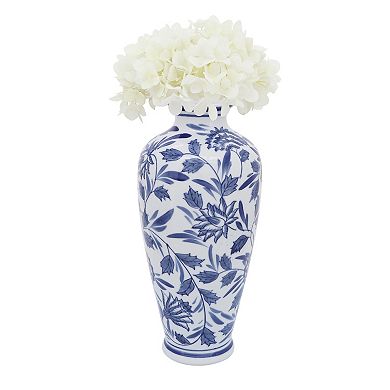 13" Ceramic Vase - Contemporary Blue White Chinoiserie Design Floral Vase Decorative Table Accent