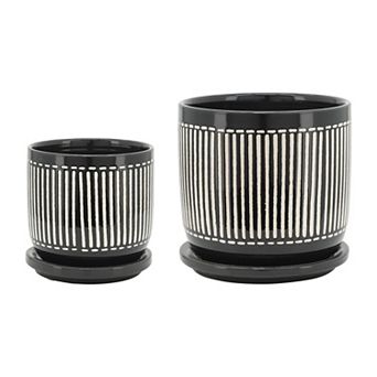 Ceramic Planter Set Of 2 Black White, Vertical Line Design, 5"/6 Planter, Indoor Outdoor Plants