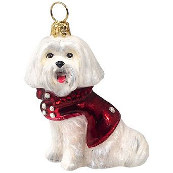 Joy To The World Maltese With Peacoat Polish Glass Dog Christmas Ornament