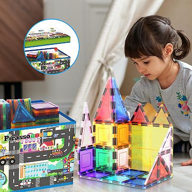 Picassotiles Magnet Tile Toy Organizer: City Theme Storage Bin With Lid & Handles