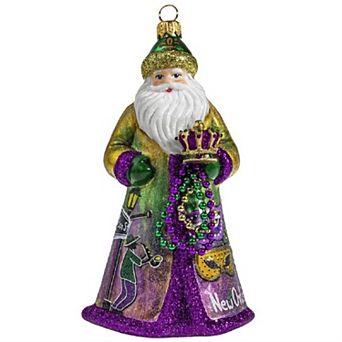 Joy To The World Glitterazzi New Orleans Santa With Mardi Gras Beads Glass Ornament