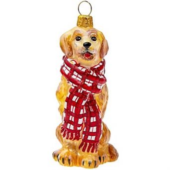 Joy To The World Golden Retriever With Bushy Scarf Polish Glass Christmas Ornament