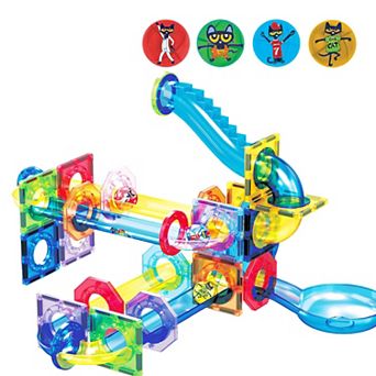 PicassoTiles 62 pc Pete the Cat Marble Run Race Track Building Block, Building STEM Toy for Kids 3+