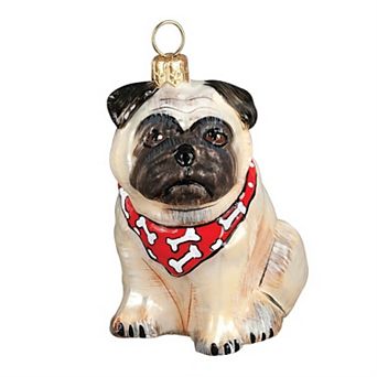 Joy To The World Fawn Pug With Bandana Sitting Dog Glass Christmas Ornament