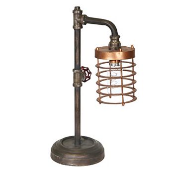 Industrial Style Metal Pipe Table Lamp, Bulb Included, Battery Operated, Black And Copper