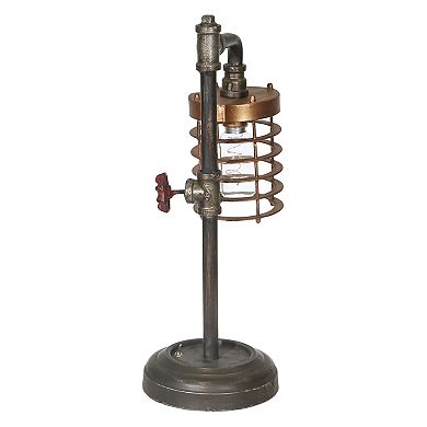 Industrial Style Metal Pipe Table Lamp, Bulb Included, Battery Operated, Black And Copper